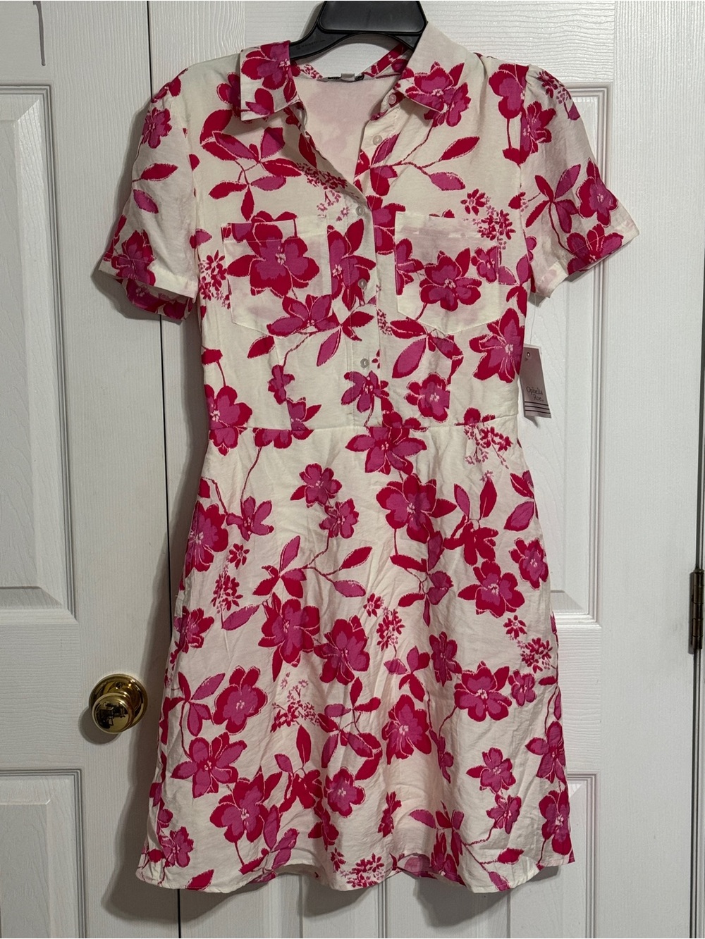 Short-Sleeve Floral Mini Dress in Cream and Pink